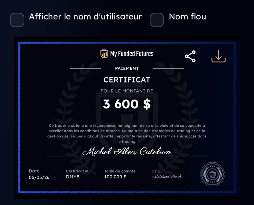 Certificat de payout My Funded Futures de 3 600 dollars