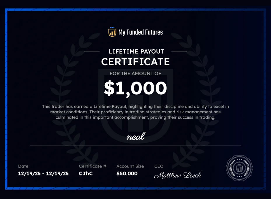 Certificat Lifetime Payout My Funded Futures de 1 000 dollars obtenu par Neal