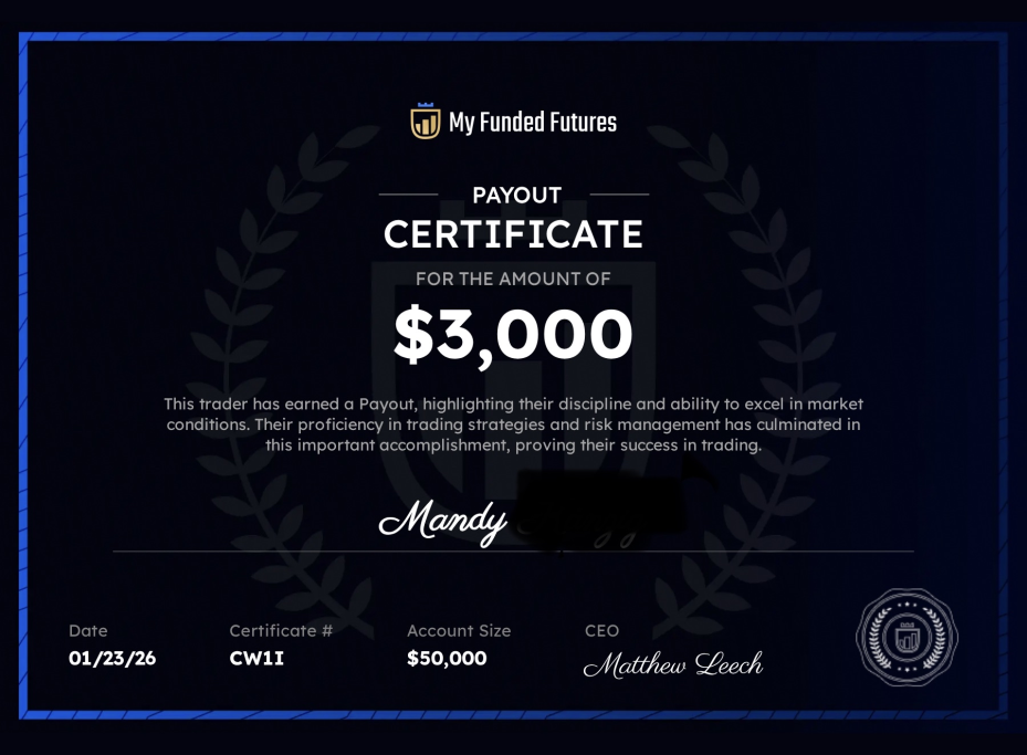 Certificat de payout My Funded Futures de 3 000 dollars obtenu par Mandy